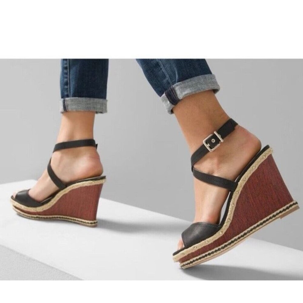 White House Black Market WHBM Size 7.5 Maisie Black Wedge Espadrille Sandals EUC